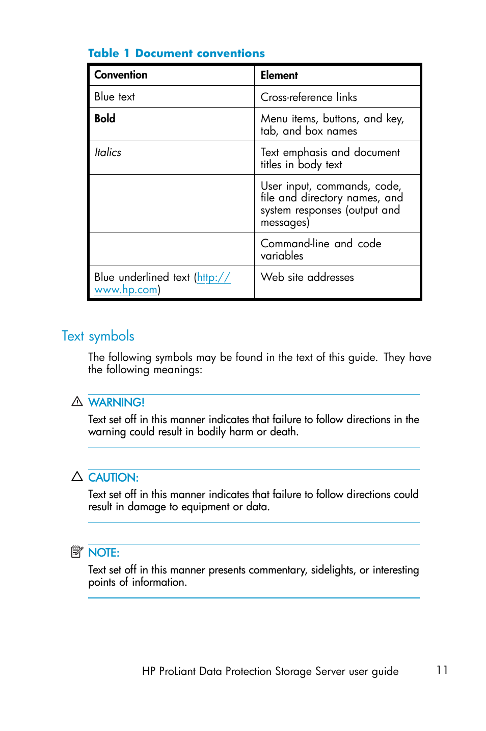 Text symbols, 1 document conventions | HP ProLiant ML310 G3 Data Protection Storage Server User Manual | Page 11 / 62