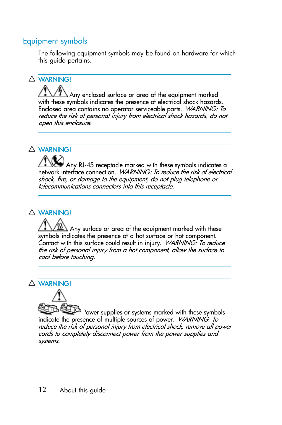 Equipment symbols | HP ProLiant ML310 G3 Data Protection Storage Server User Manual | Page 12 / 62
