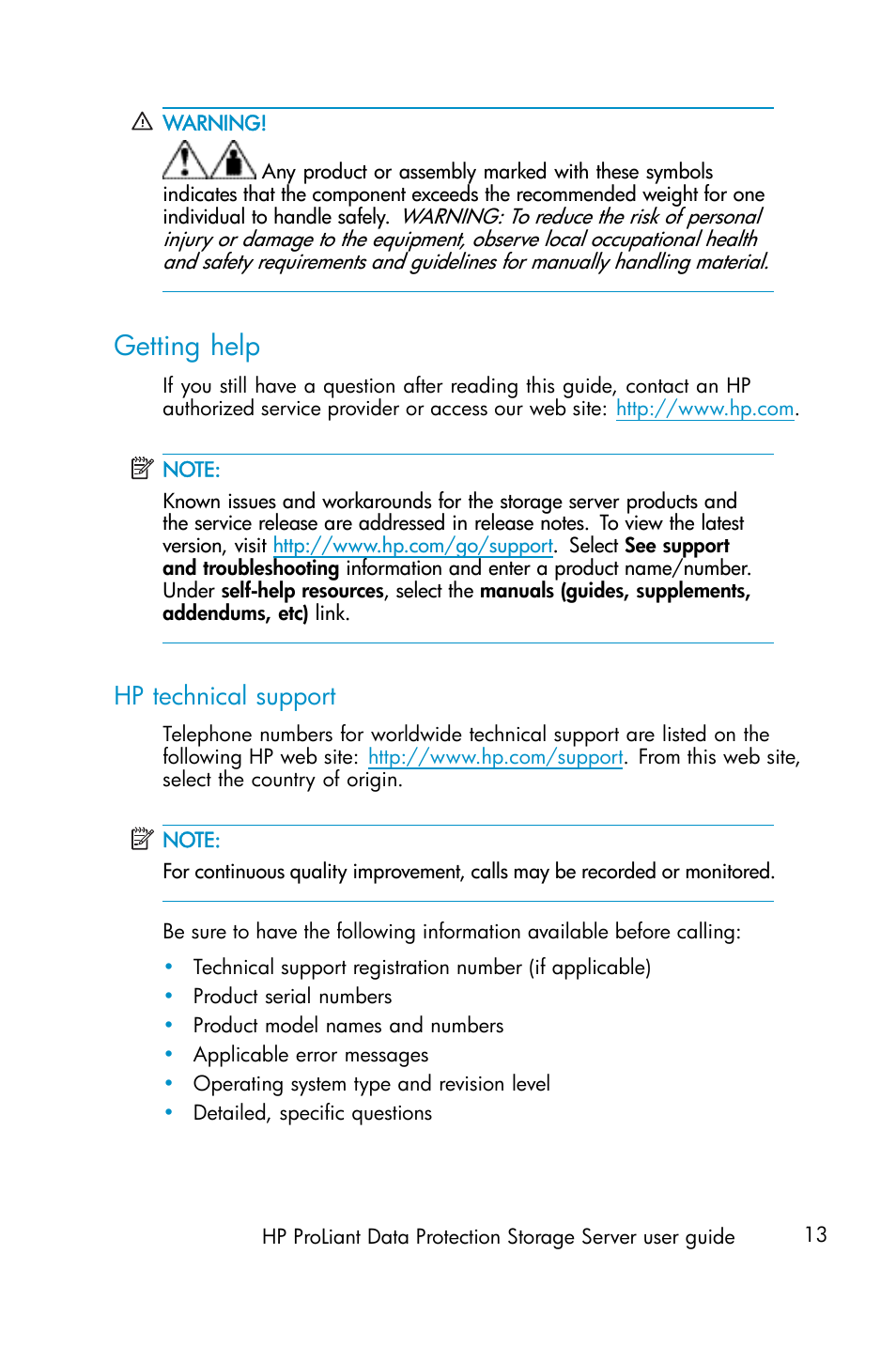 Getting help, Hp technical support | HP ProLiant ML310 G3 Data Protection Storage Server User Manual | Page 13 / 62