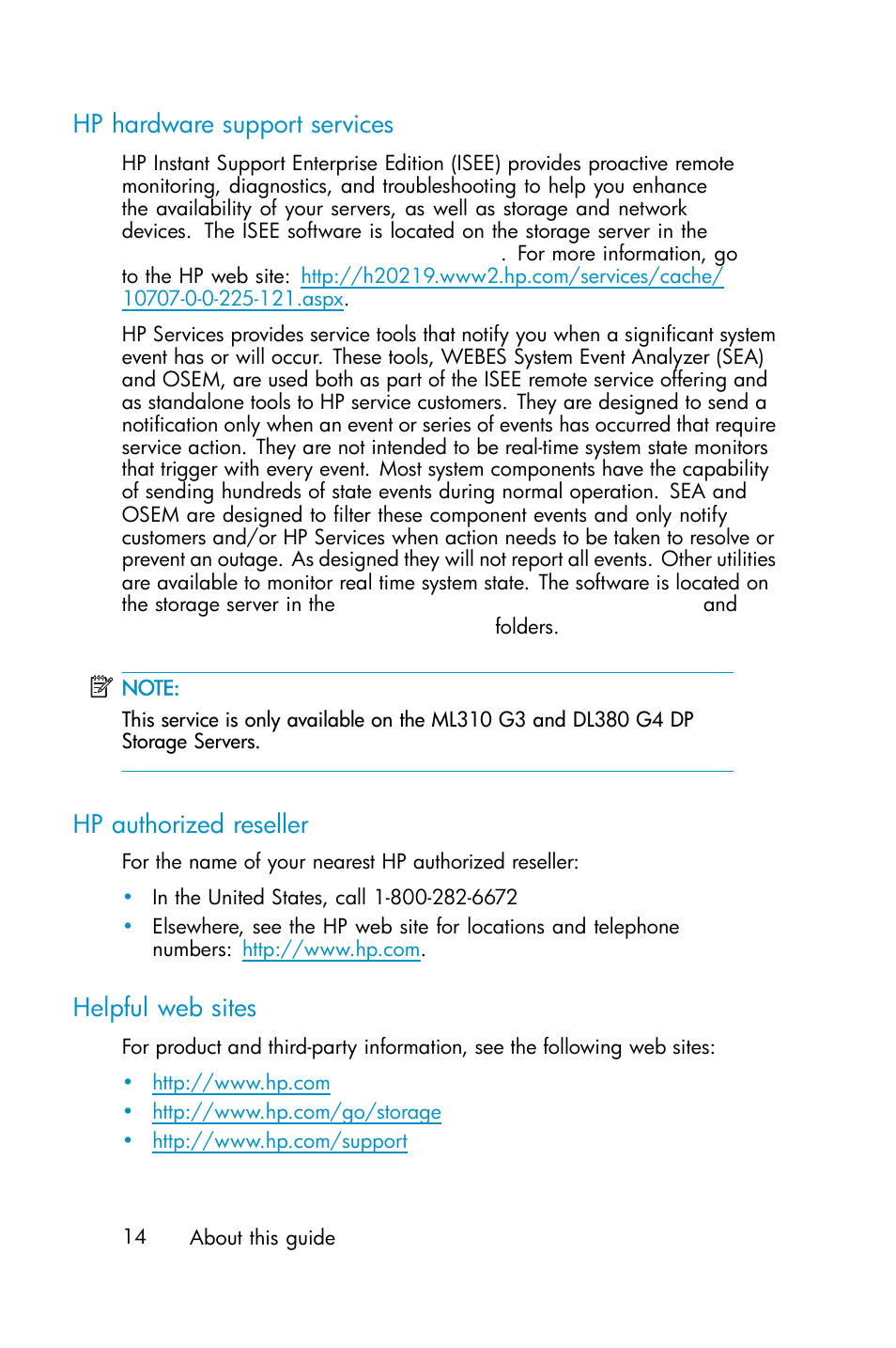 Hp hardware support services, Hp authorized reseller, Helpful web sites | HP ProLiant ML310 G3 Data Protection Storage Server User Manual | Page 14 / 62