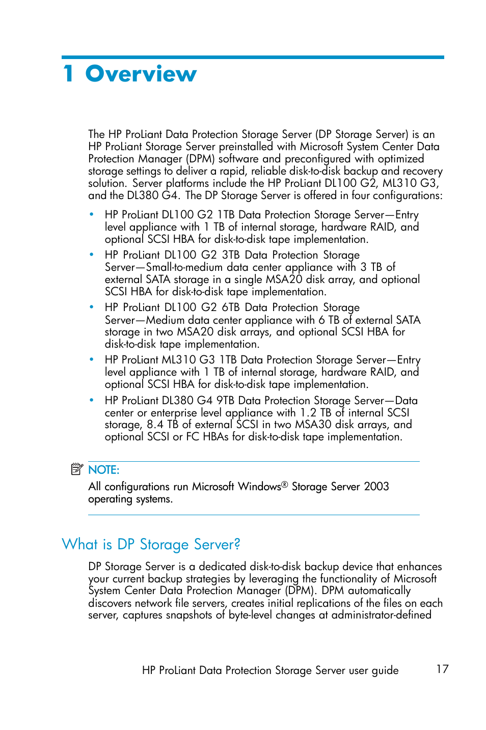 Overview, What is dp storage server, 1 overview | HP ProLiant ML310 G3 Data Protection Storage Server User Manual | Page 17 / 62