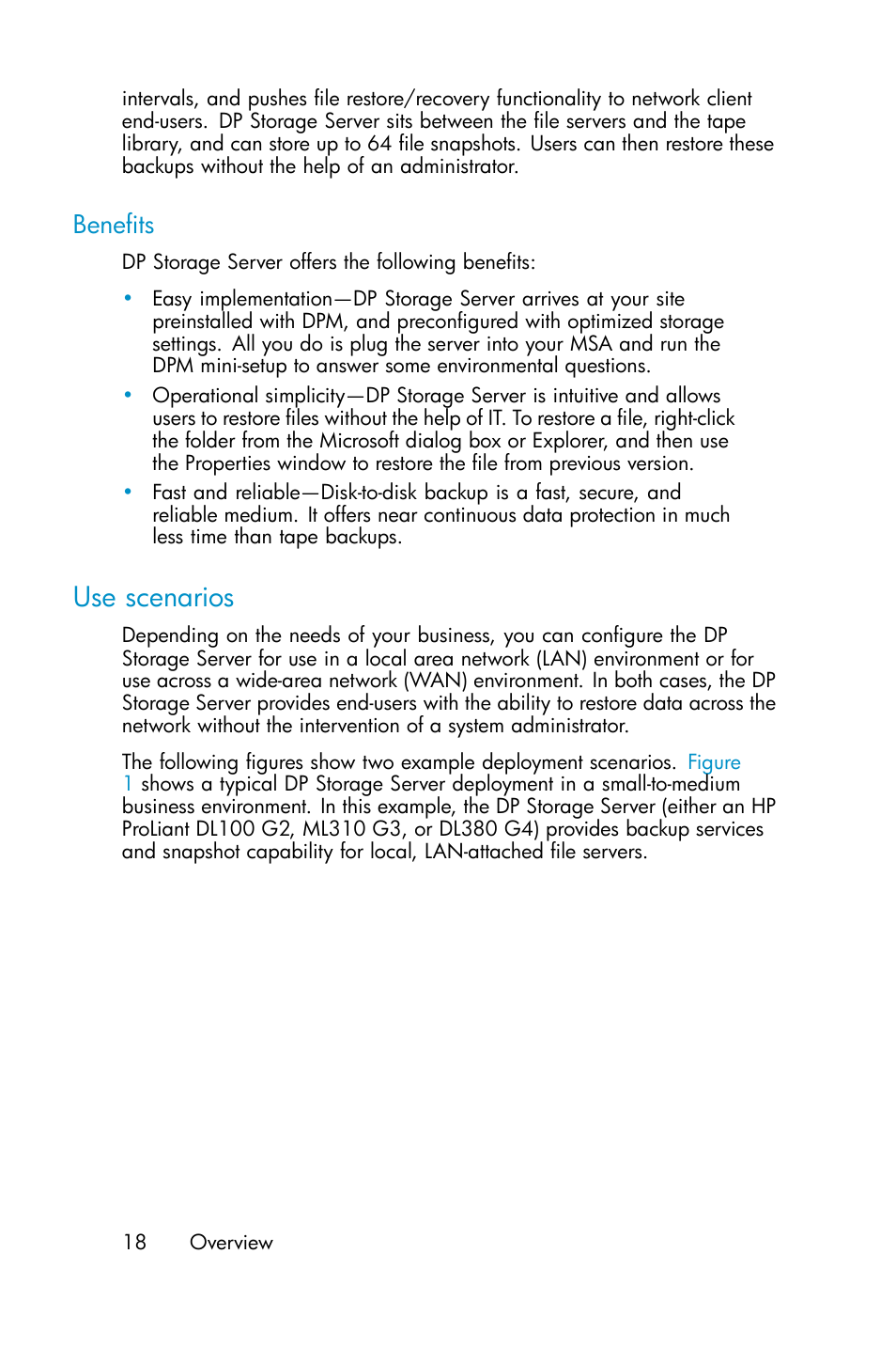 Use scenarios, Benefits | HP ProLiant ML310 G3 Data Protection Storage Server User Manual | Page 18 / 62