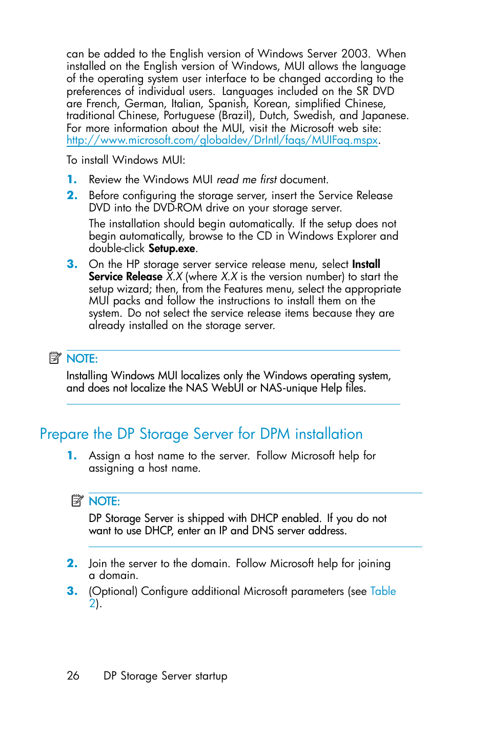 Prepare the dp storage server for dpm installation | HP ProLiant ML310 G3 Data Protection Storage Server User Manual | Page 26 / 62