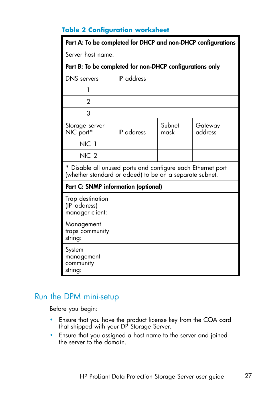 Run the dpm mini-setup, 2 configuration worksheet | HP ProLiant ML310 G3 Data Protection Storage Server User Manual | Page 27 / 62