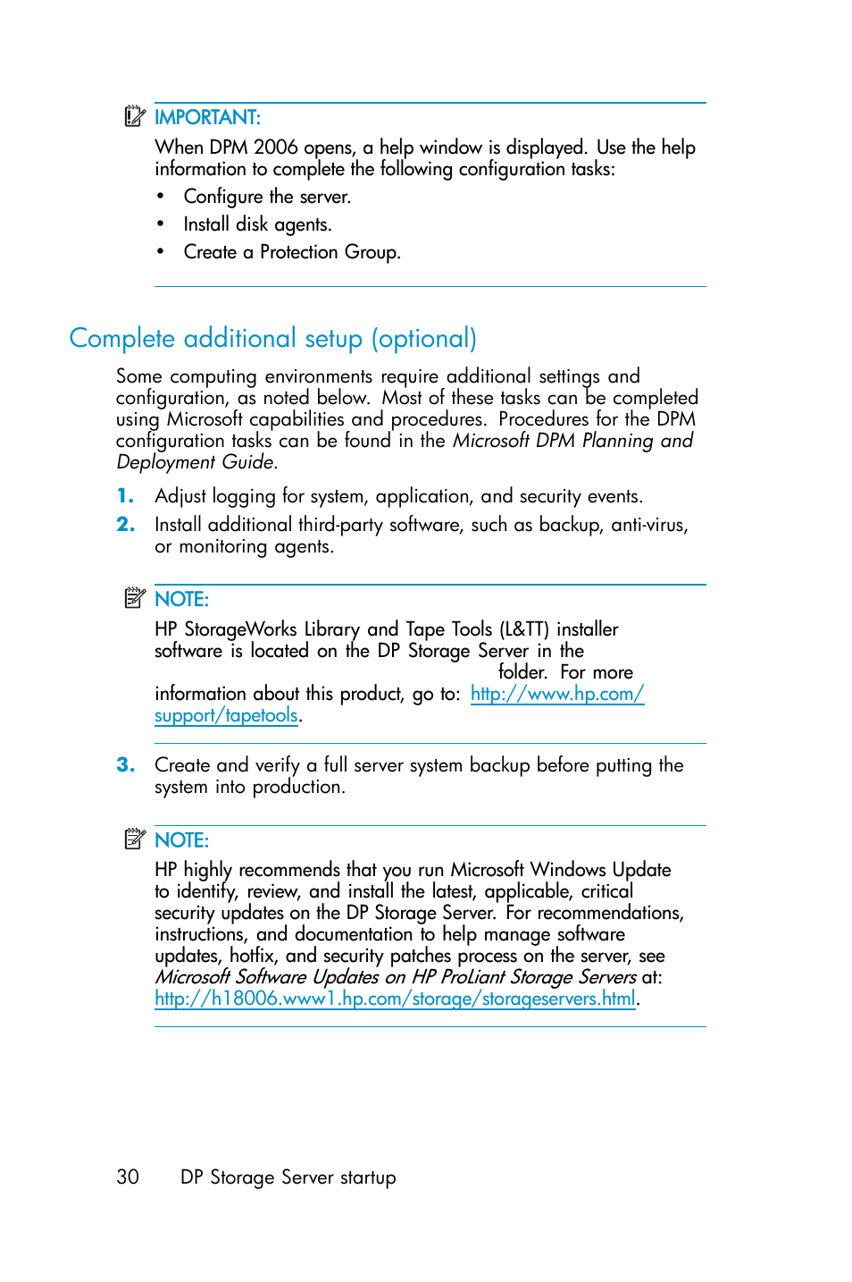 Complete additional setup (optional) | HP ProLiant ML310 G3 Data Protection Storage Server User Manual | Page 30 / 62