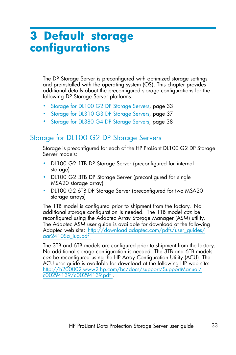 Default storage configurations, Storage for dl100 g2 dp storage servers, 3 default storage configurations | HP ProLiant ML310 G3 Data Protection Storage Server User Manual | Page 33 / 62