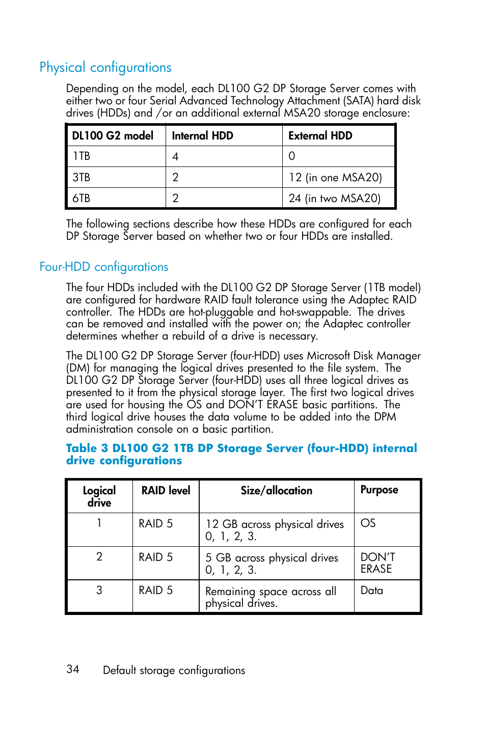 Physical configurations, Four-hdd configurations, 3 dl100 g2 1tb dp | HP ProLiant ML310 G3 Data Protection Storage Server User Manual | Page 34 / 62