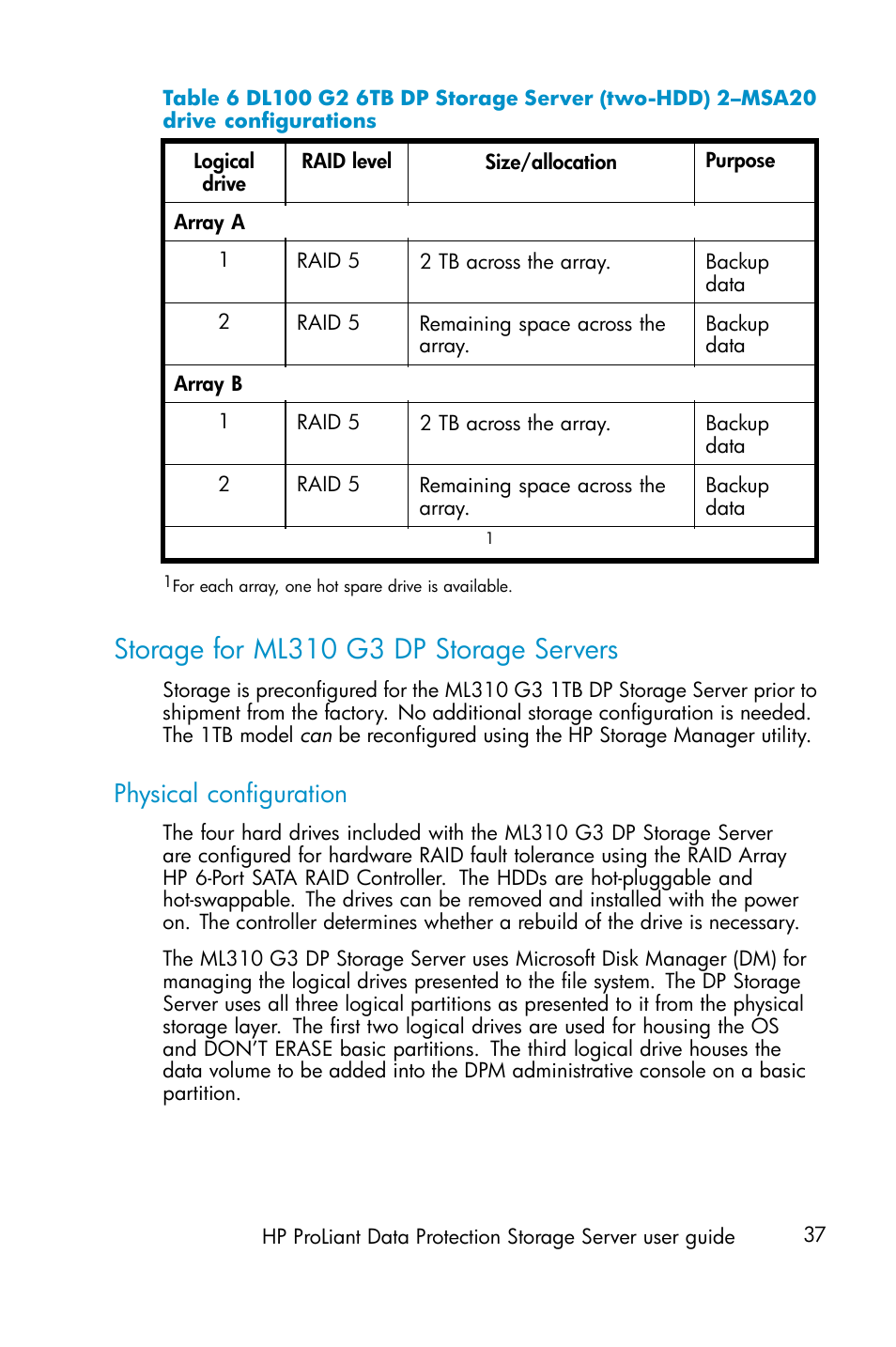 Storage for ml310 g3 dp storage servers, Physical configuration, Physical configurations | 6 dl100 g2 6tb dp, Storage for dl310 g3 dp storage servers | HP ProLiant ML310 G3 Data Protection Storage Server User Manual | Page 37 / 62
