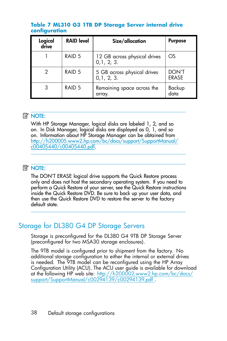 Storage for dl380 g4 dp storage servers | HP ProLiant ML310 G3 Data Protection Storage Server User Manual | Page 38 / 62