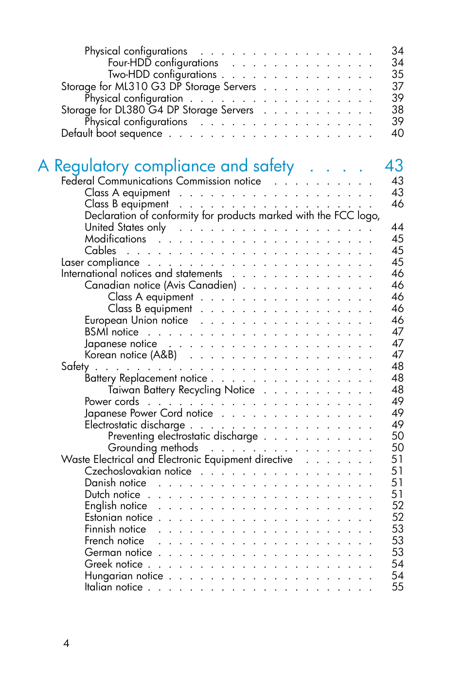 A regulatory compliance and safety | HP ProLiant ML310 G3 Data Protection Storage Server User Manual | Page 4 / 62