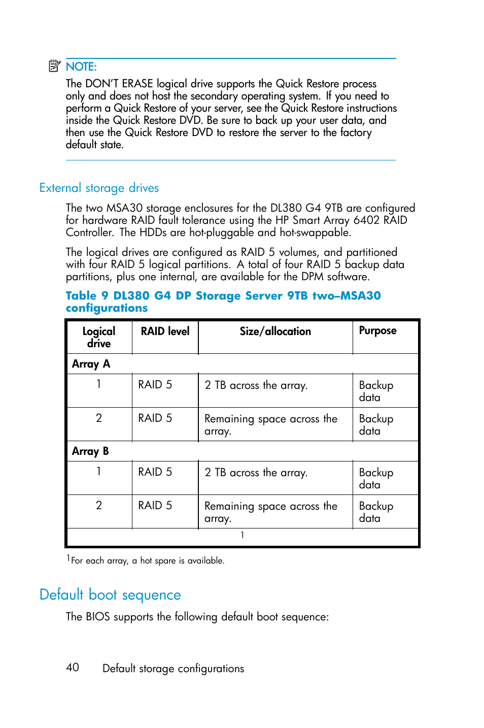 Default boot sequence | HP ProLiant ML310 G3 Data Protection Storage Server User Manual | Page 40 / 62