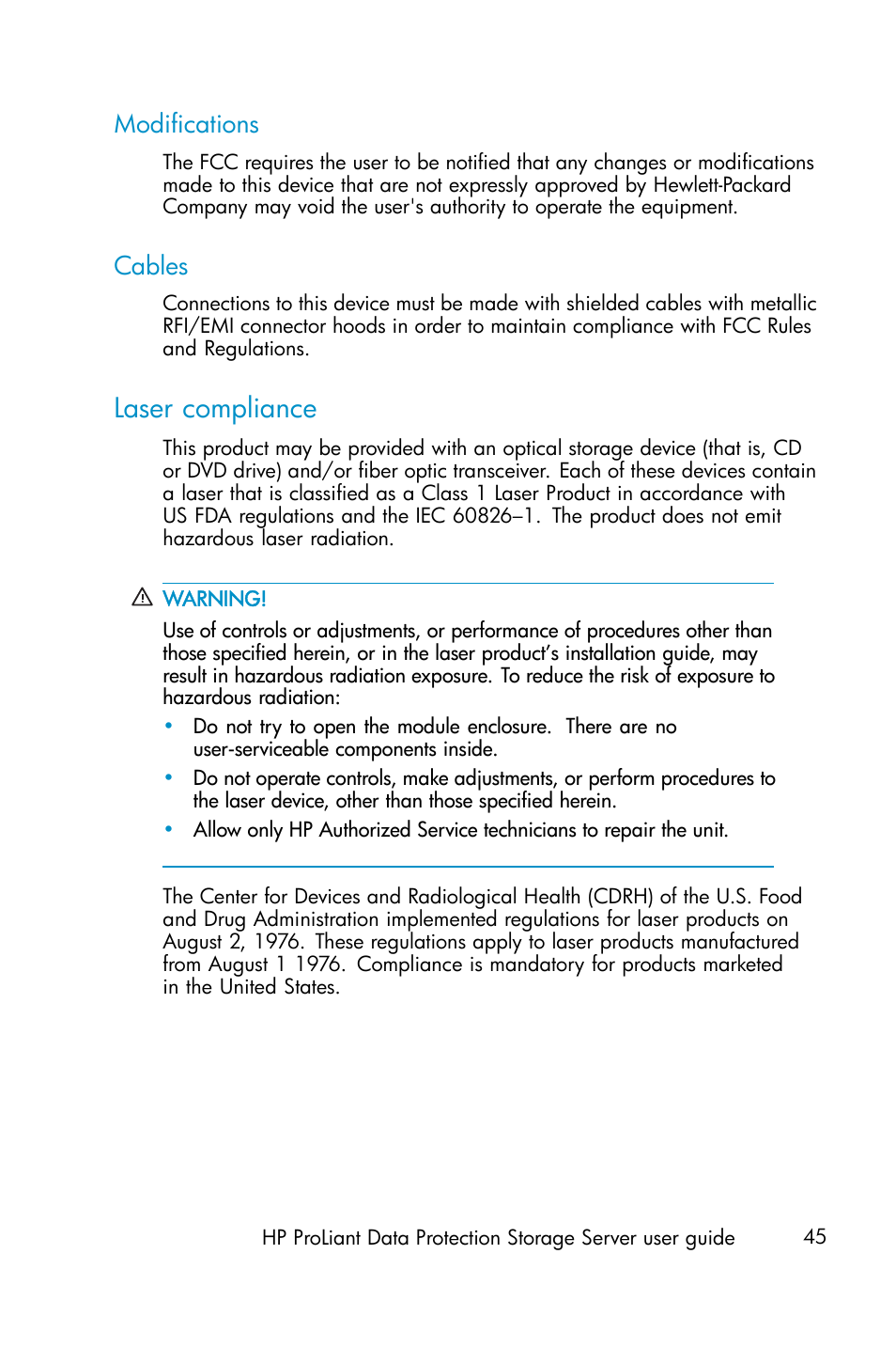 Modifications, Cables, Laser compliance | HP ProLiant ML310 G3 Data Protection Storage Server User Manual | Page 45 / 62