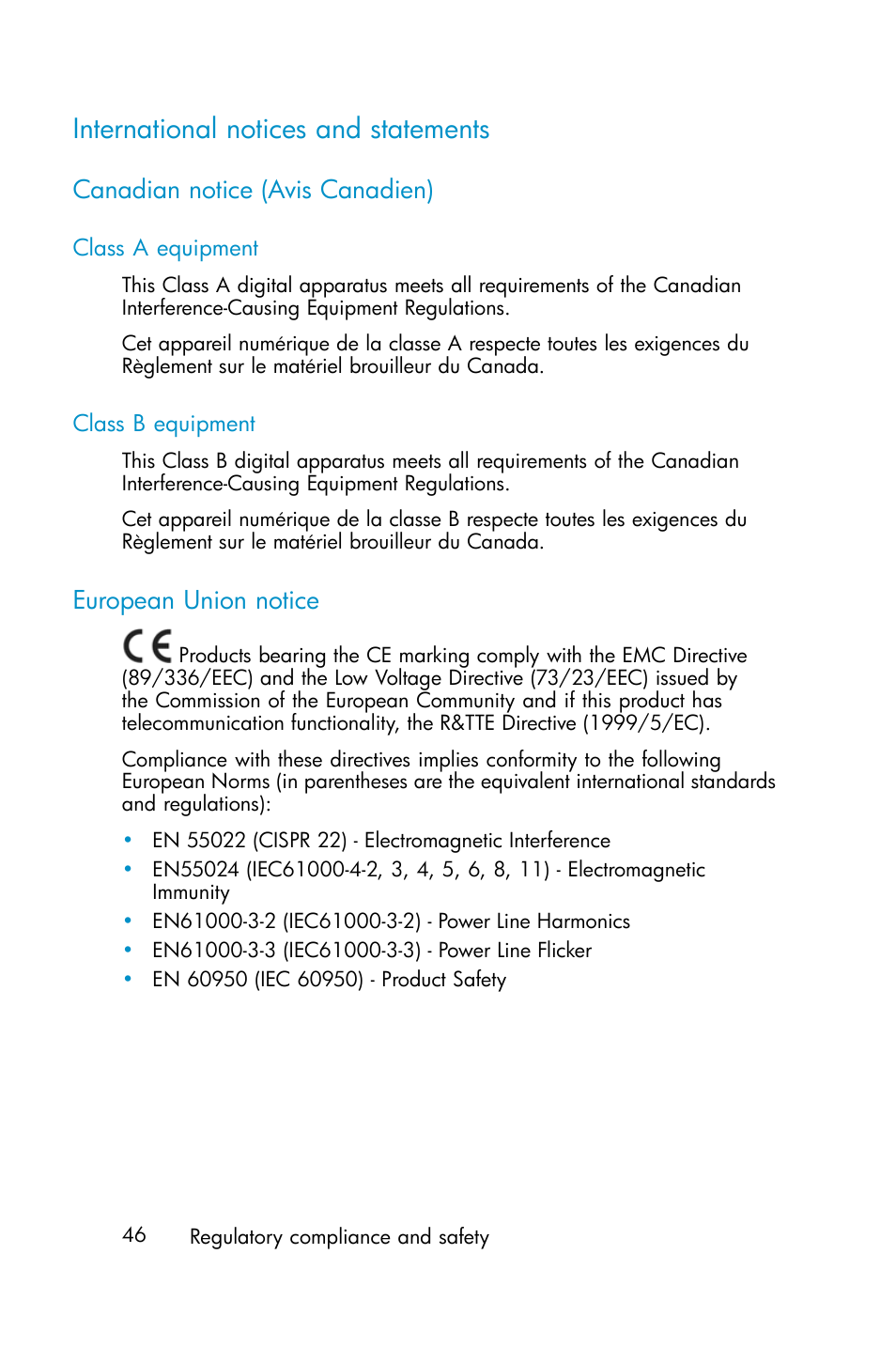 International notices and statements, Canadian notice (avis canadien), Class a equipment | Class b equipment, European union notice | HP ProLiant ML310 G3 Data Protection Storage Server User Manual | Page 46 / 62