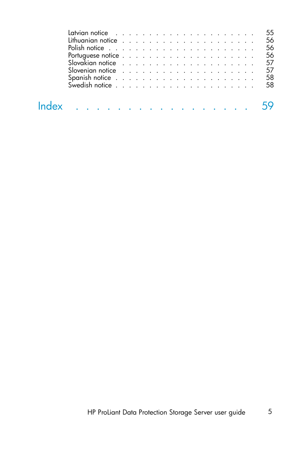 Index | HP ProLiant ML310 G3 Data Protection Storage Server User Manual | Page 5 / 62