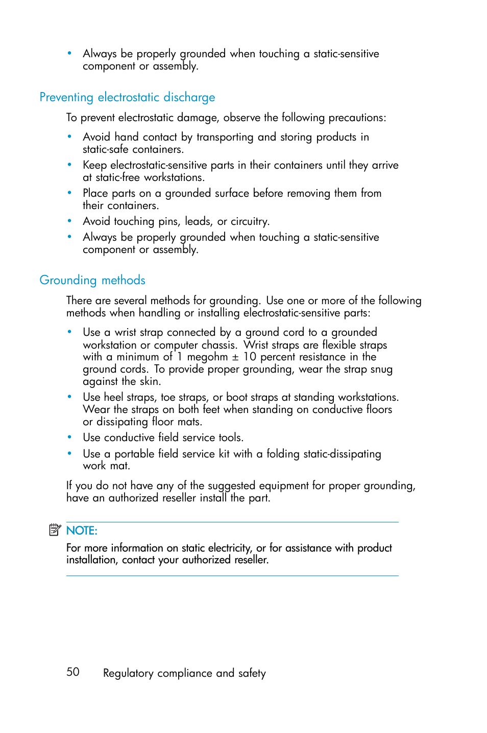 Preventing electrostatic discharge, Grounding methods | HP ProLiant ML310 G3 Data Protection Storage Server User Manual | Page 50 / 62