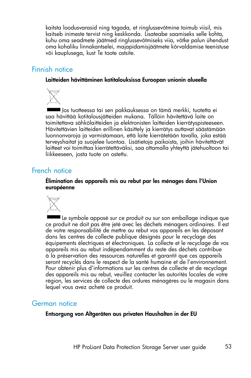 Finnish notice, French notice, German notice | HP ProLiant ML310 G3 Data Protection Storage Server User Manual | Page 53 / 62