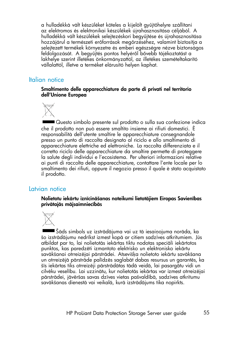 Italian notice, Latvian notice | HP ProLiant ML310 G3 Data Protection Storage Server User Manual | Page 55 / 62