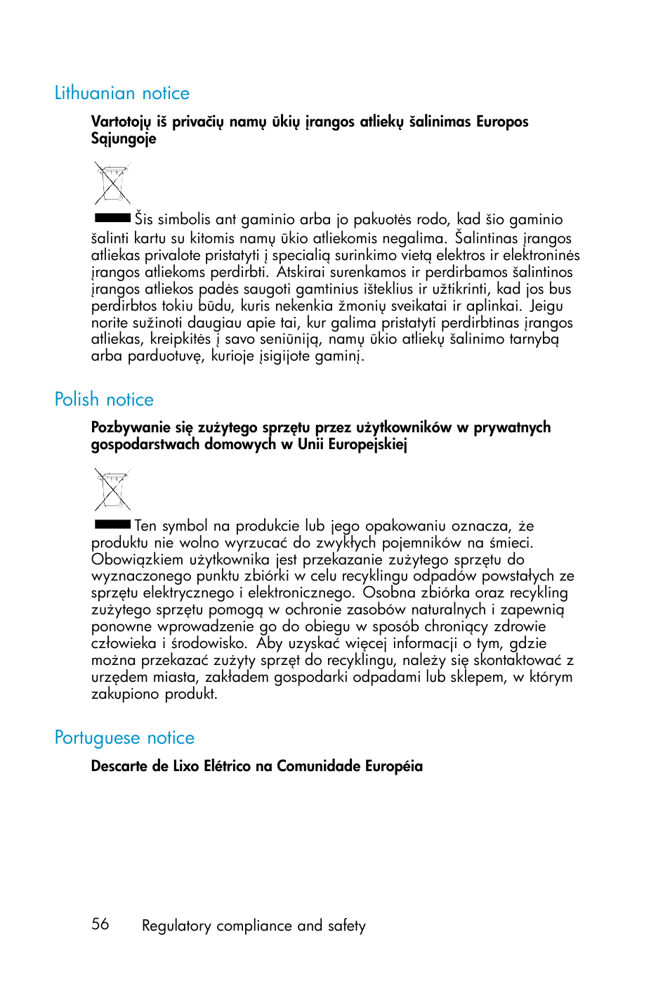 Lithuanian notice, Polish notice, Portuguese notice | HP ProLiant ML310 G3 Data Protection Storage Server User Manual | Page 56 / 62