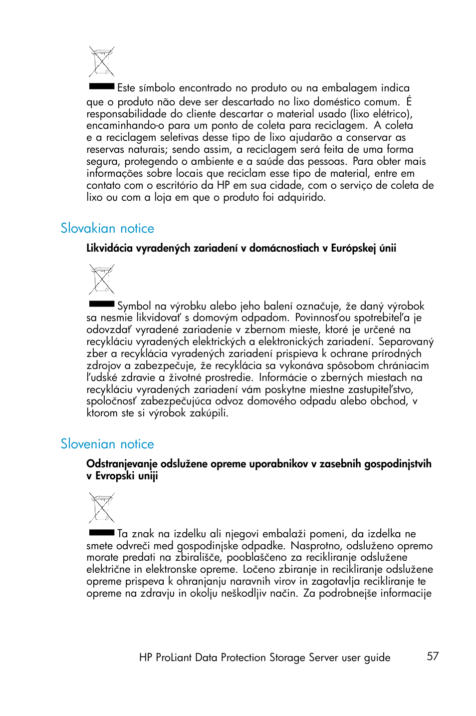 Slovakian notice, Slovenian notice | HP ProLiant ML310 G3 Data Protection Storage Server User Manual | Page 57 / 62
