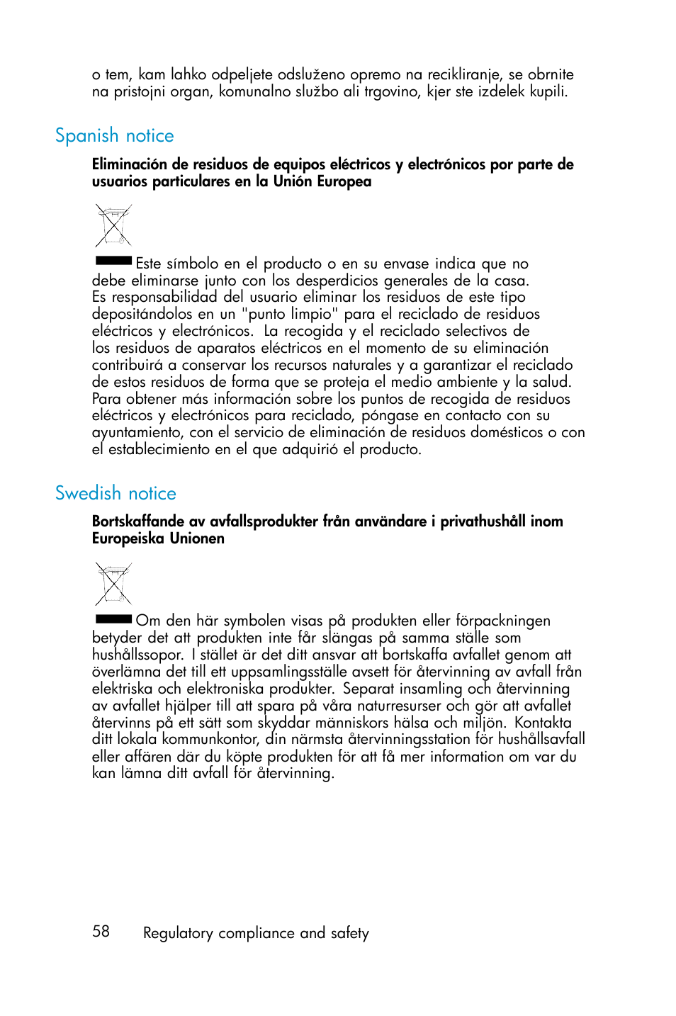 Spanish notice, Swedish notice | HP ProLiant ML310 G3 Data Protection Storage Server User Manual | Page 58 / 62