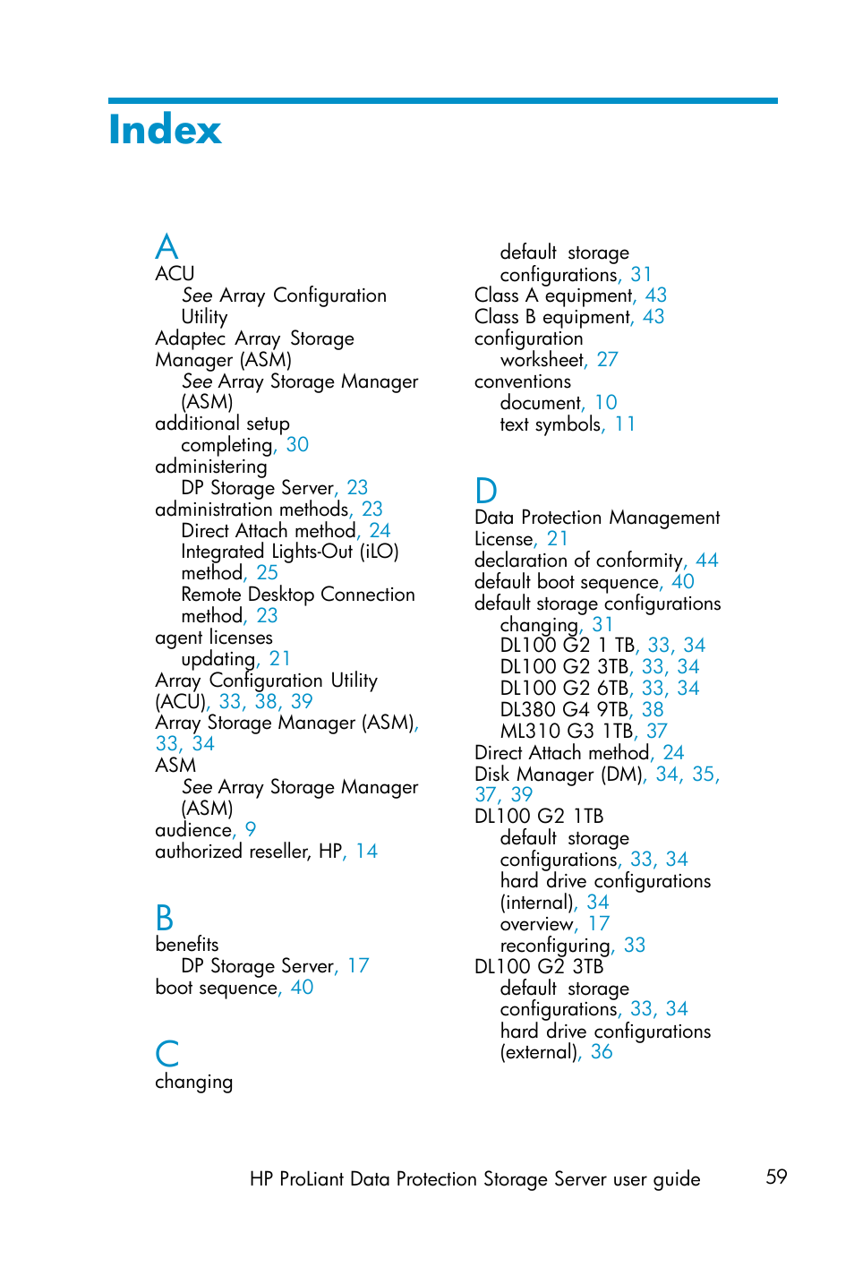 Index | HP ProLiant ML310 G3 Data Protection Storage Server User Manual | Page 59 / 62