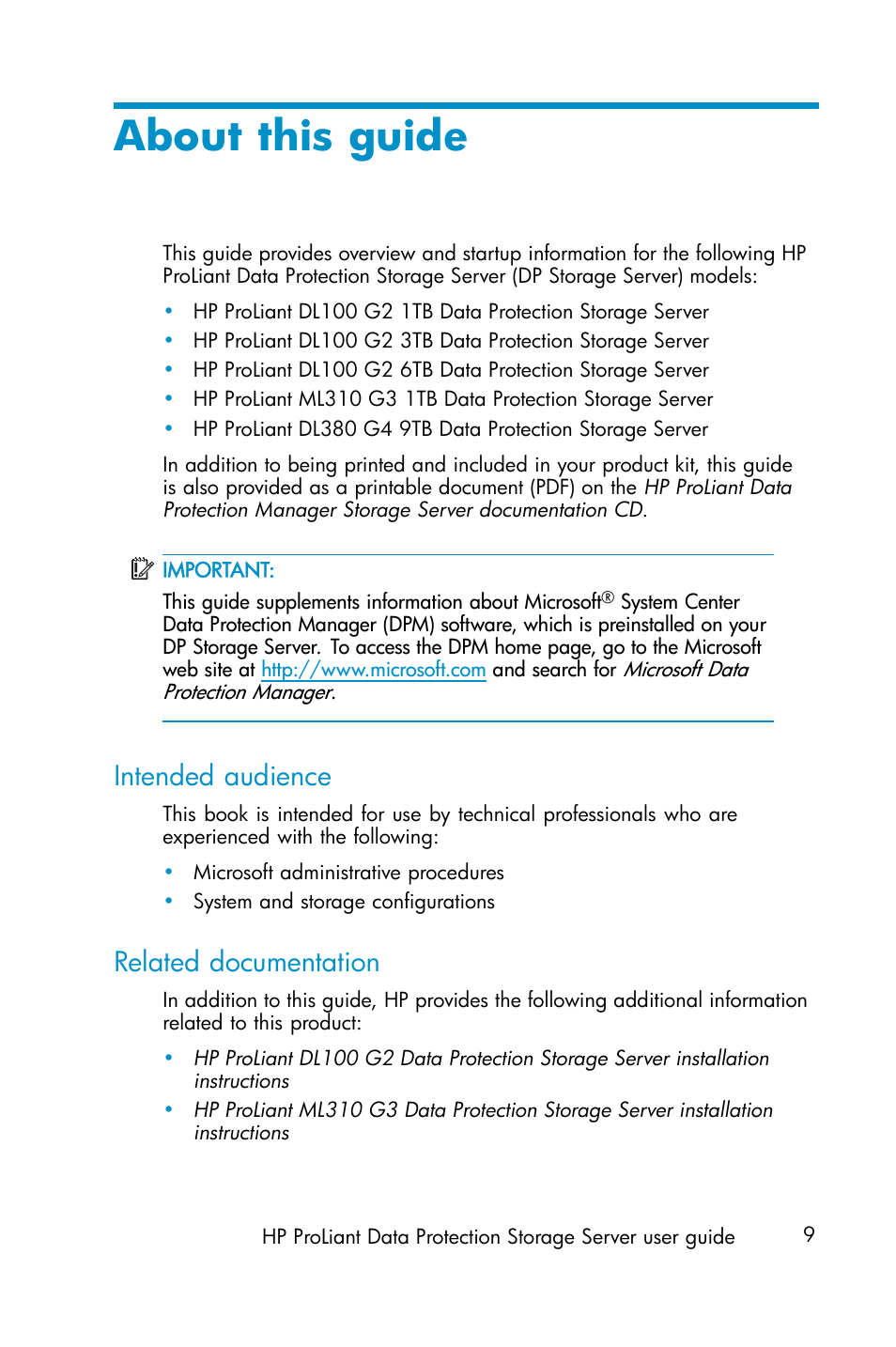 About this guide, Intended audience, Related documentation | HP ProLiant ML310 G3 Data Protection Storage Server User Manual | Page 9 / 62