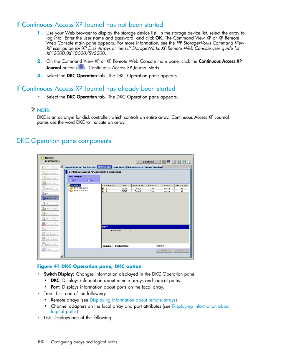 Dkc operation pane components, Dkc operation pane, dkc option | HP XP Continuous Access Software User Manual | Page 100 / 234