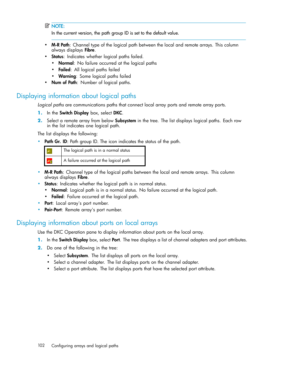 Displaying information about logical paths, Displaying information about ports on local arrays, Displaying information about ports | On local arrays | HP XP Continuous Access Software User Manual | Page 102 / 234