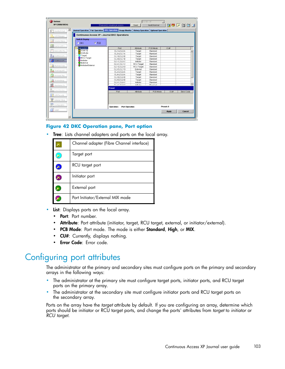 Configuring port attributes, Dkc operation pane, port option, Configuring | Port attributes | HP XP Continuous Access Software User Manual | Page 103 / 234