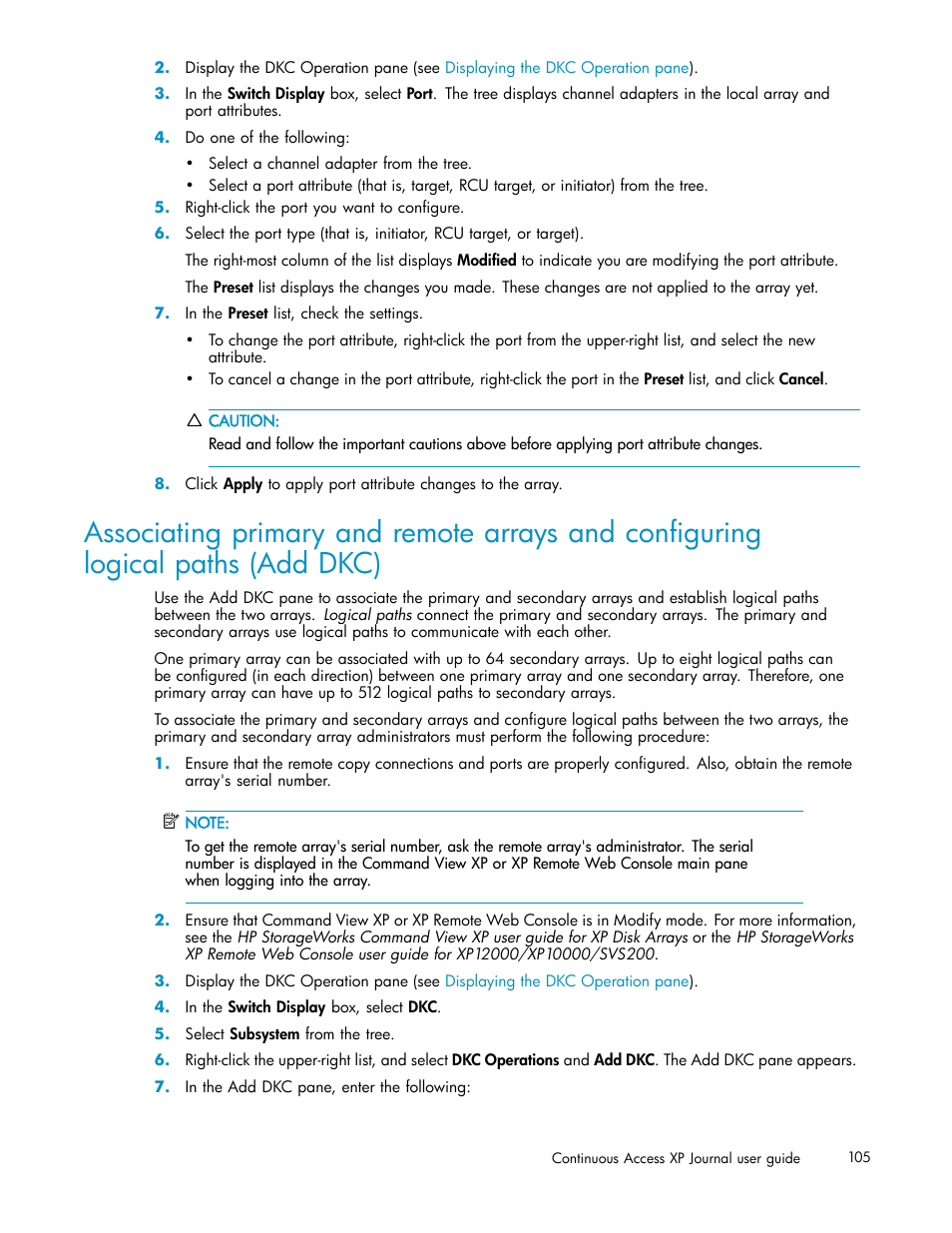 Associating primary and remote arrays and, Configuring logical paths (add dkc), Associating primary | HP XP Continuous Access Software User Manual | Page 105 / 234