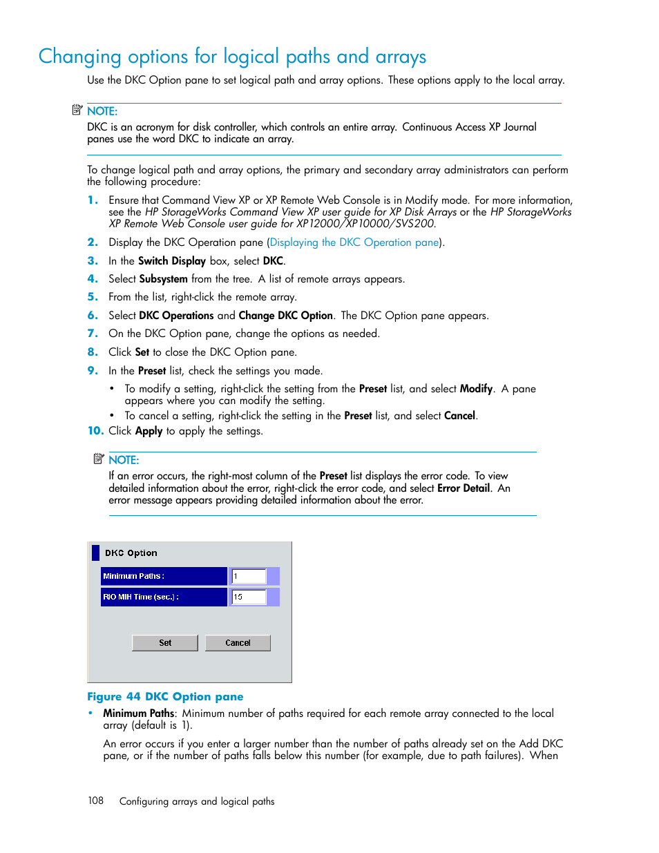 Changing options for logical paths and arrays, Dkc option pane | HP XP Continuous Access Software User Manual | Page 108 / 234