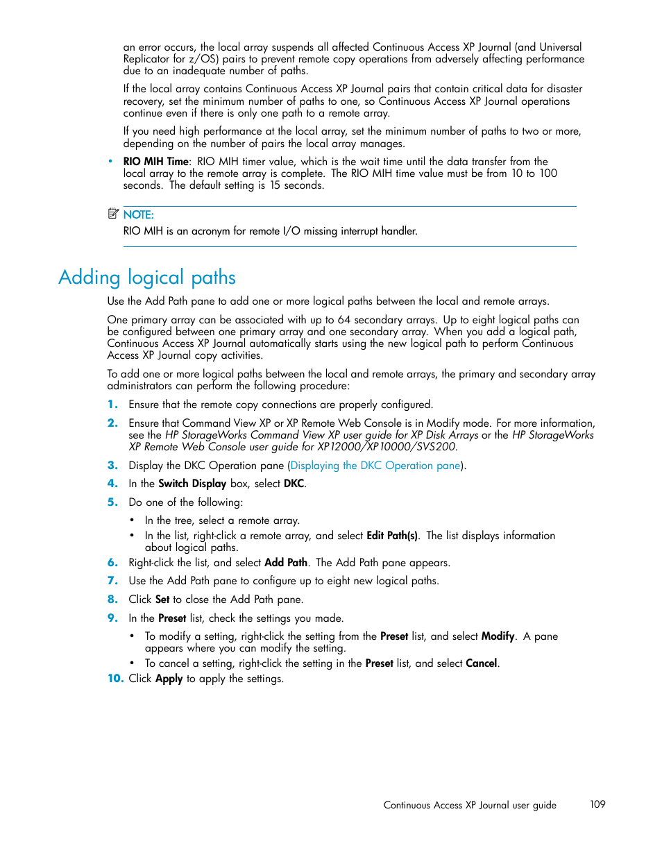 Adding logical paths | HP XP Continuous Access Software User Manual | Page 109 / 234