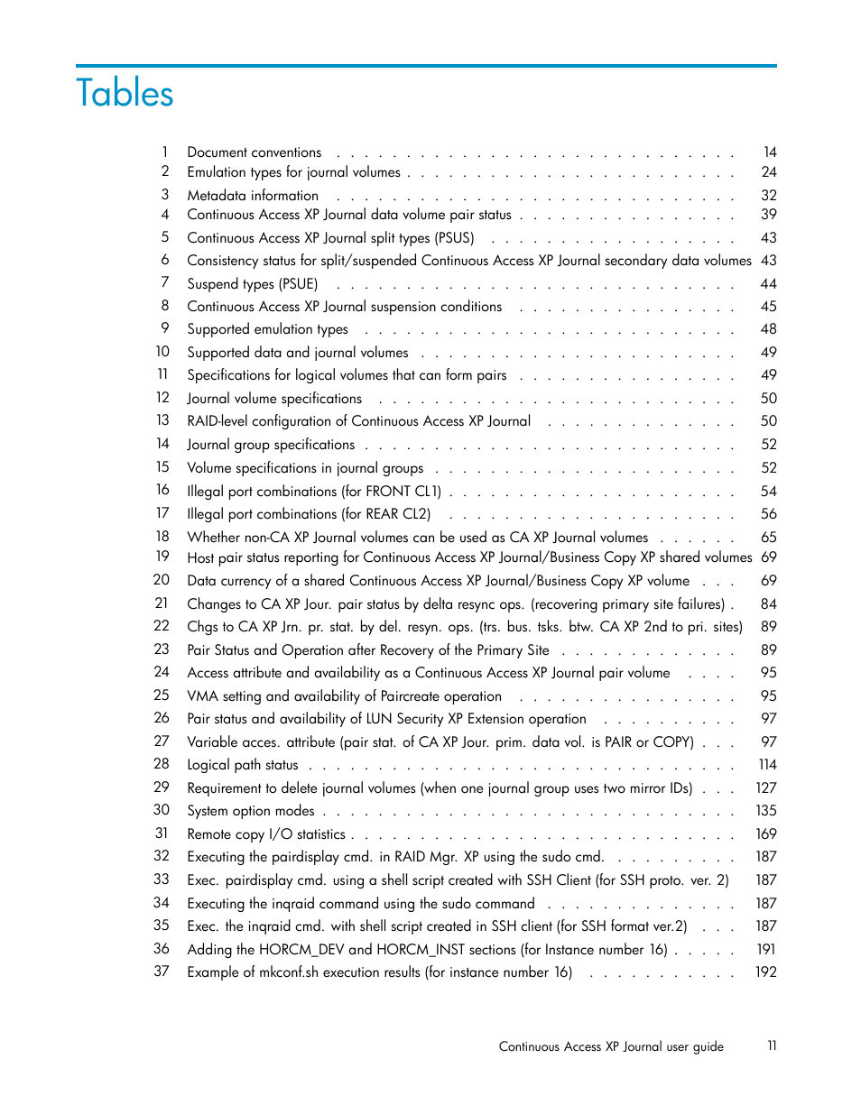 Tables | HP XP Continuous Access Software User Manual | Page 11 / 234