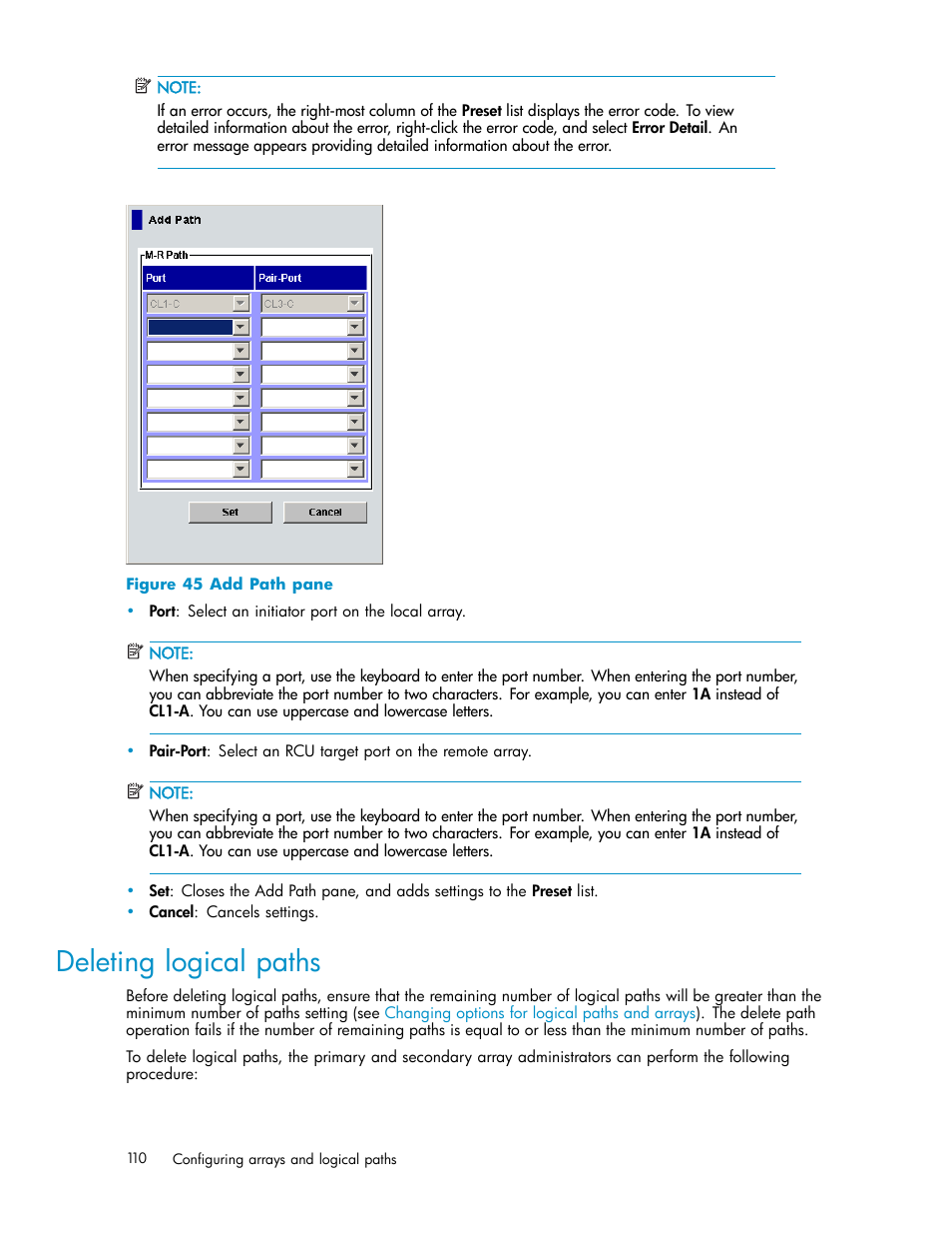 Deleting logical paths, Add path pane | HP XP Continuous Access Software User Manual | Page 110 / 234