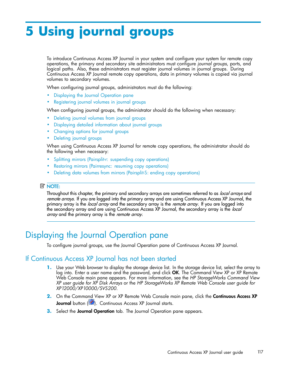 5 using journal groups, Displaying the journal operation pane, Using journal groups | HP XP Continuous Access Software User Manual | Page 117 / 234