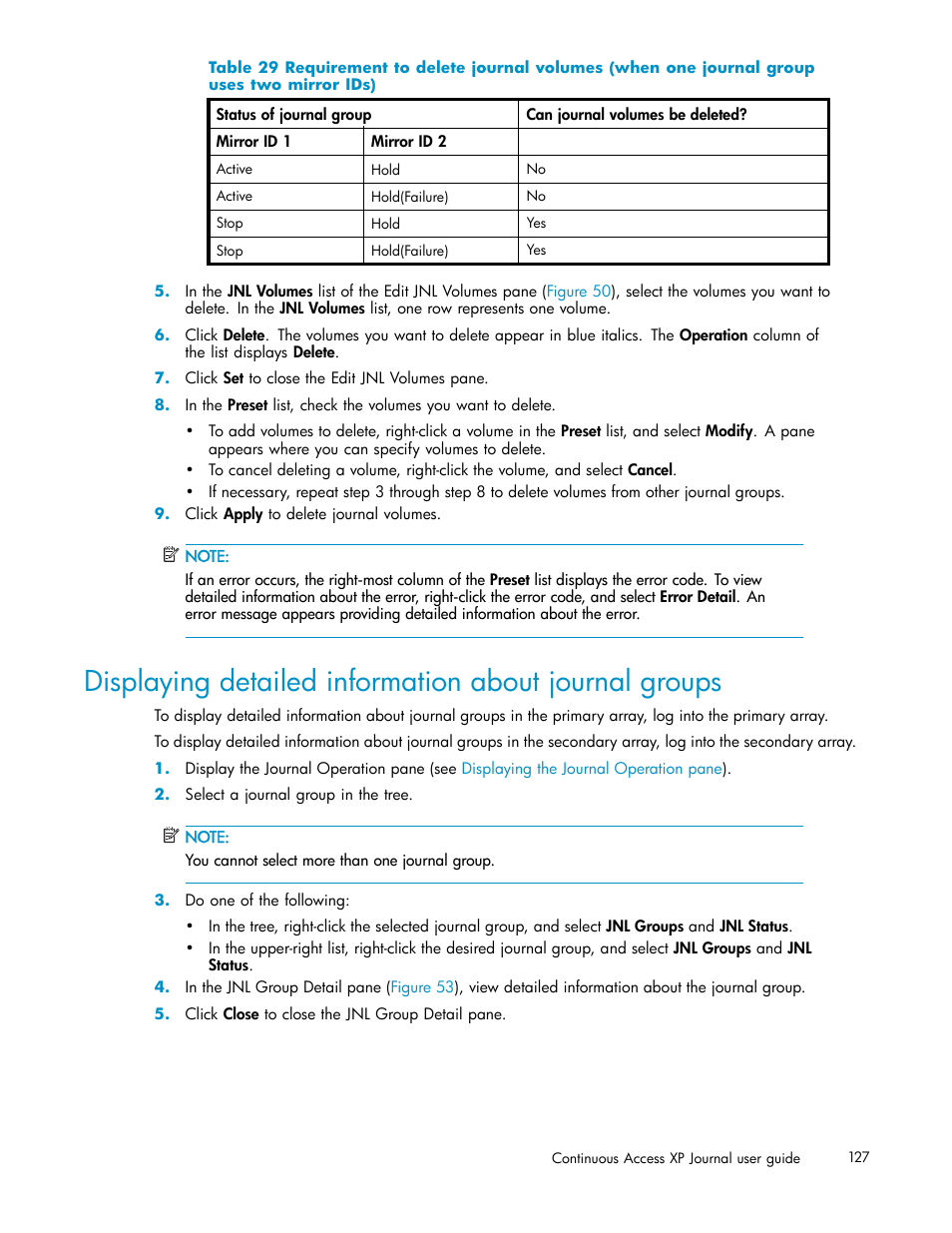 Table 29 | HP XP Continuous Access Software User Manual | Page 127 / 234