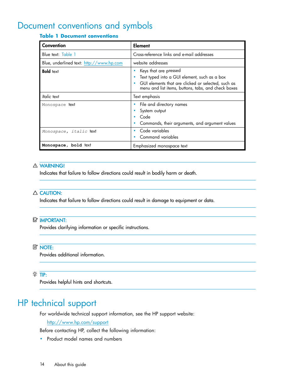 Document conventions and symbols, Hp technical support, Document conventions | HP XP Continuous Access Software User Manual | Page 14 / 234