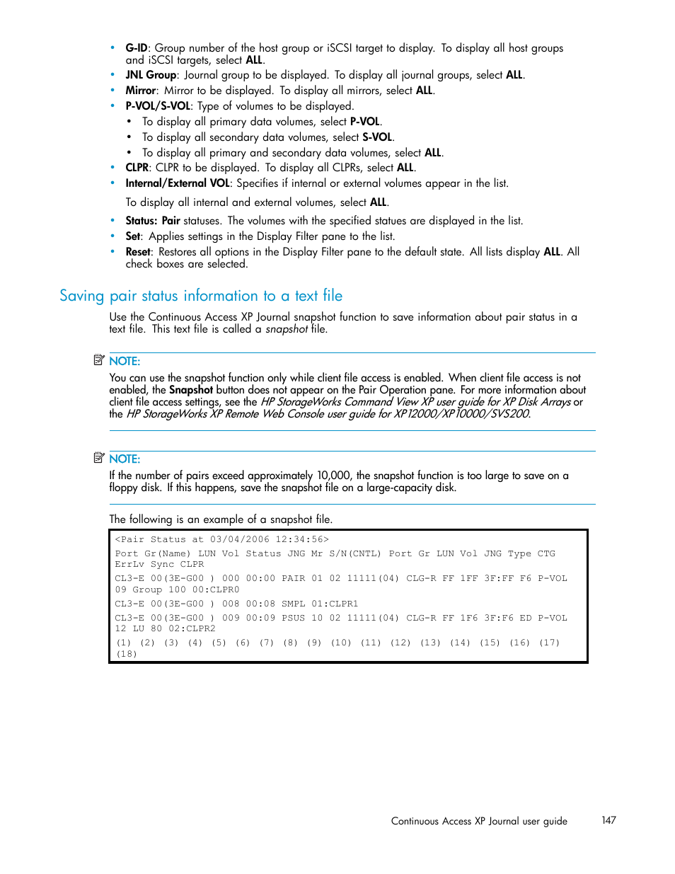 Saving pair status information to a text file | HP XP Continuous Access Software User Manual | Page 147 / 234