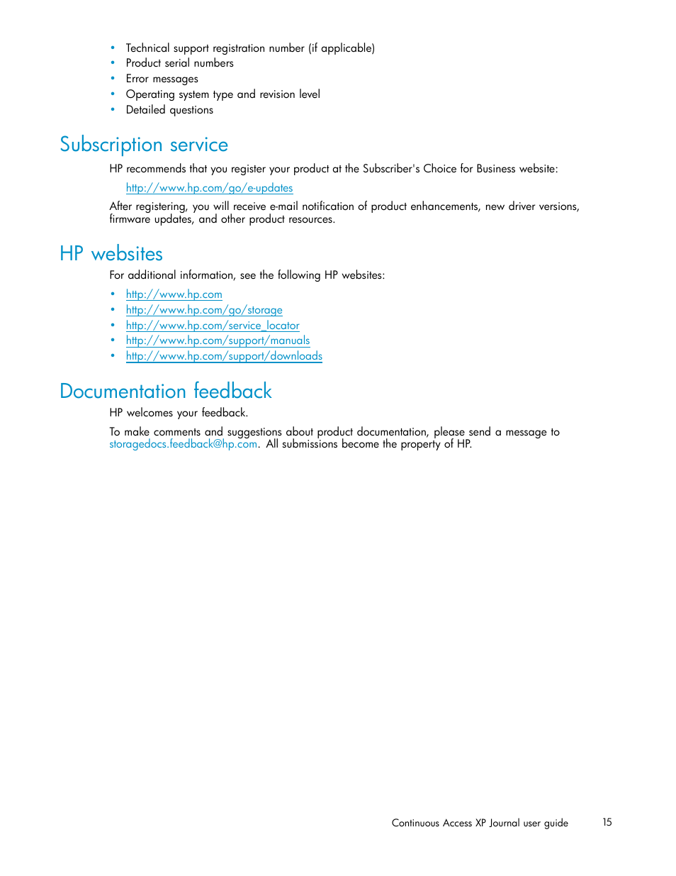 Subscription service, Hp websites, Documentation feedback | HP XP Continuous Access Software User Manual | Page 15 / 234