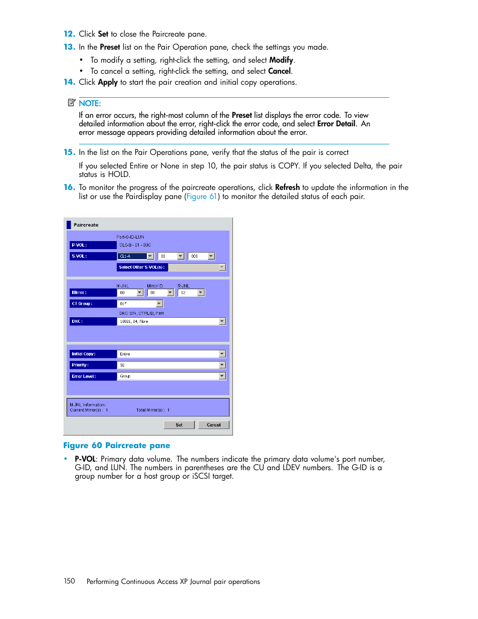 Paircreate pane | HP XP Continuous Access Software User Manual | Page 150 / 234