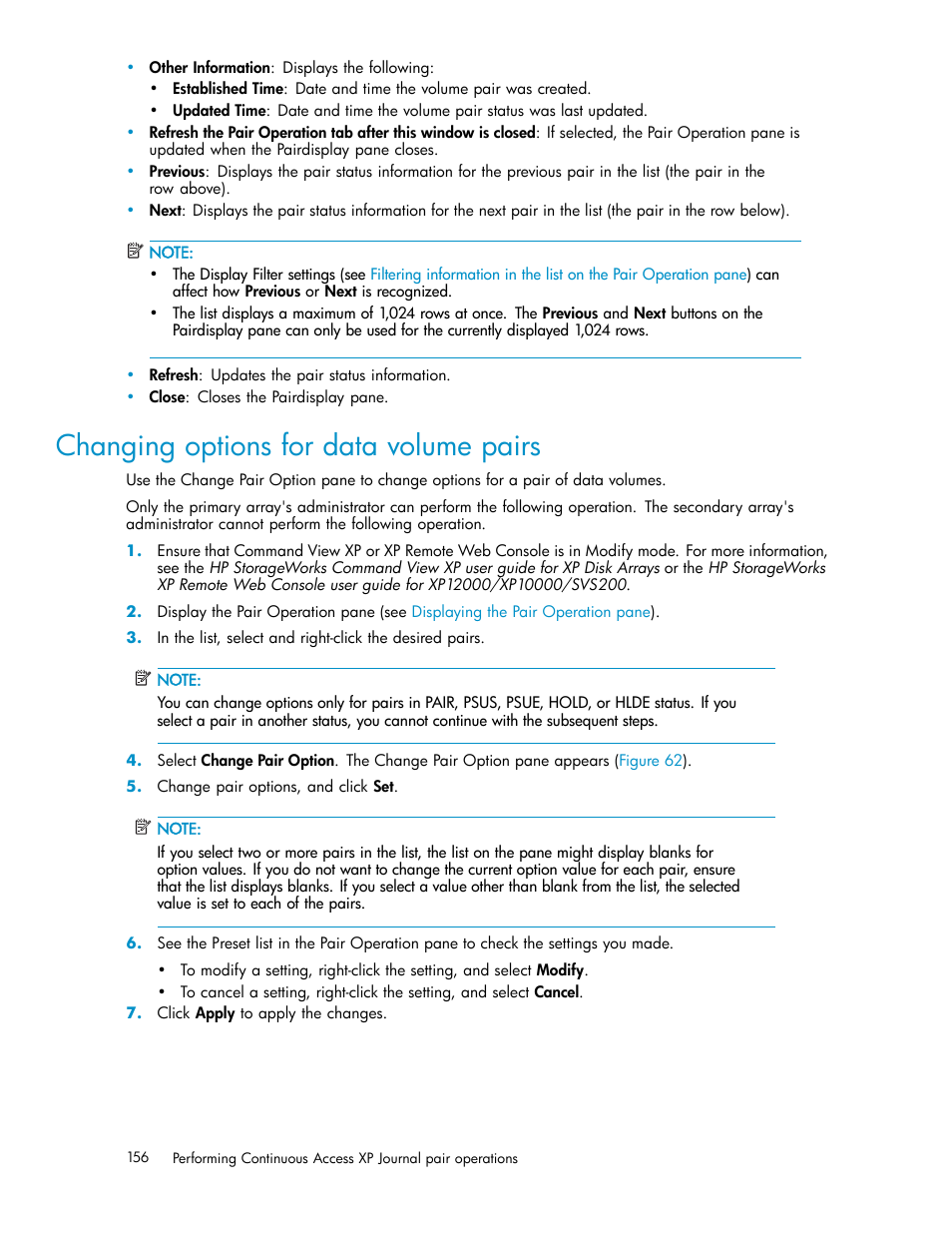 Changing options for data volume pairs | HP XP Continuous Access Software User Manual | Page 156 / 234