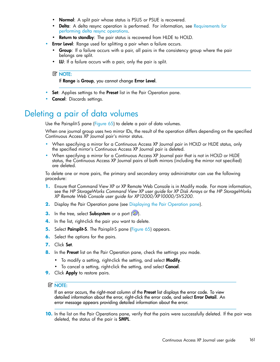 Deleting a pair of data volumes | HP XP Continuous Access Software User Manual | Page 161 / 234