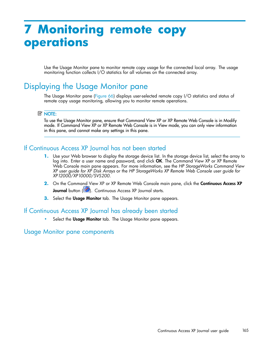 7 monitoring remote copy operations, Displaying the usage monitor pane, Usage monitor pane components | Monitoring remote copy operations | HP XP Continuous Access Software User Manual | Page 165 / 234