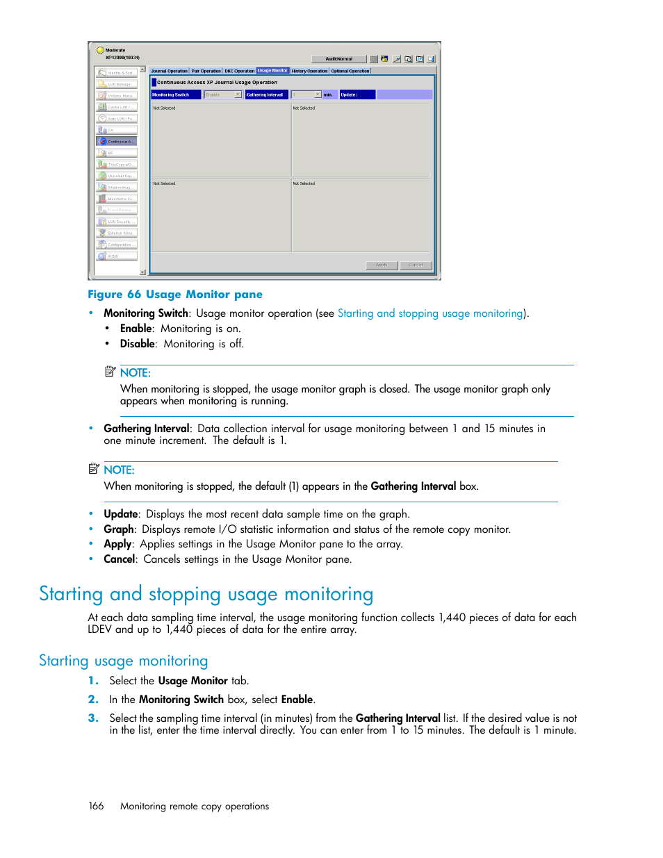 Starting and stopping usage monitoring, Starting usage monitoring, Usage monitor pane | HP XP Continuous Access Software User Manual | Page 166 / 234