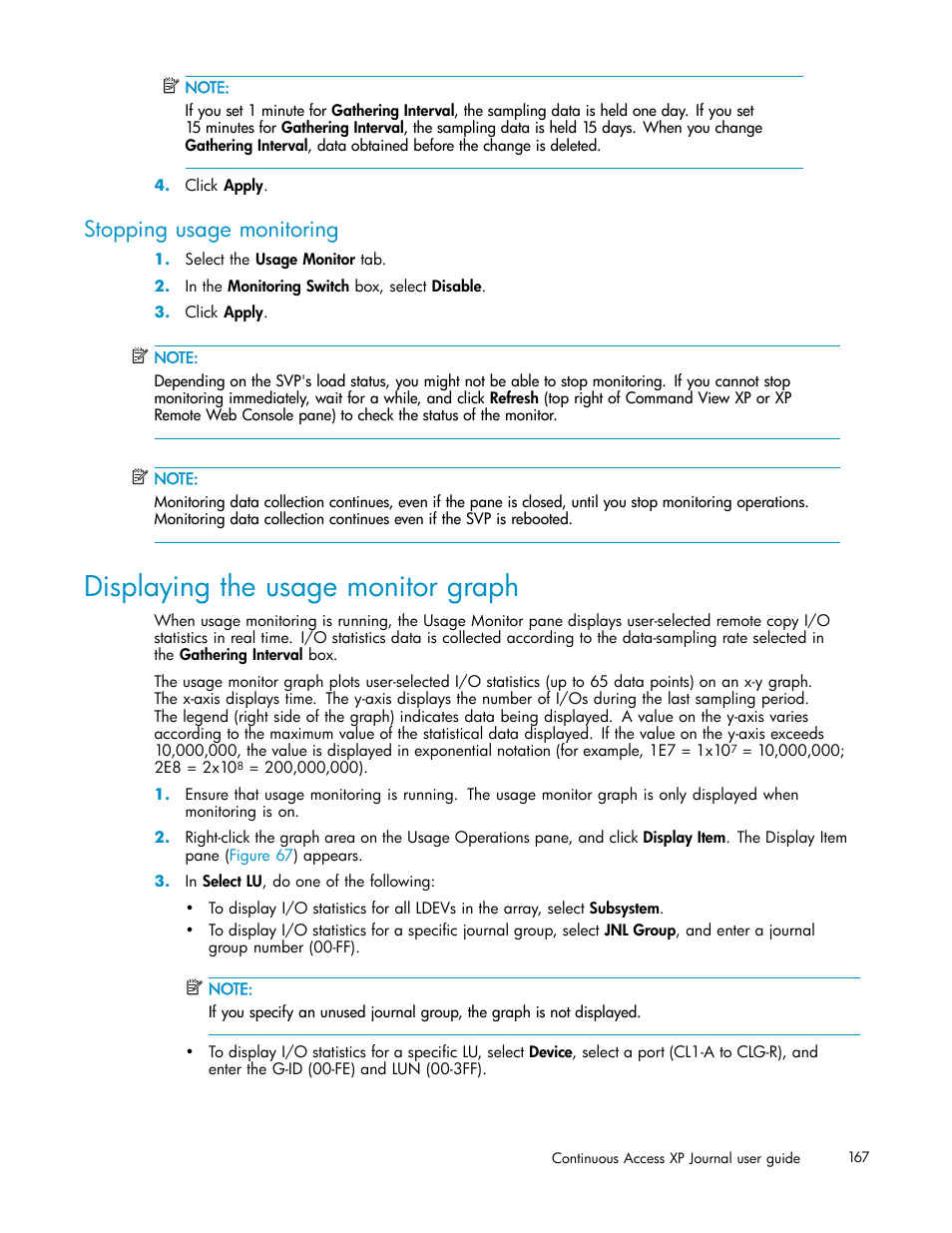 Stopping usage monitoring, Displaying the usage monitor graph | HP XP Continuous Access Software User Manual | Page 167 / 234