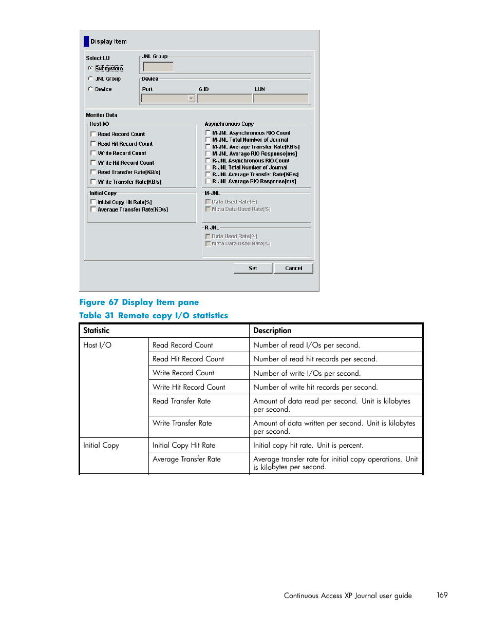 Display item pane, Remote copy i/o statistics | HP XP Continuous Access Software User Manual | Page 169 / 234