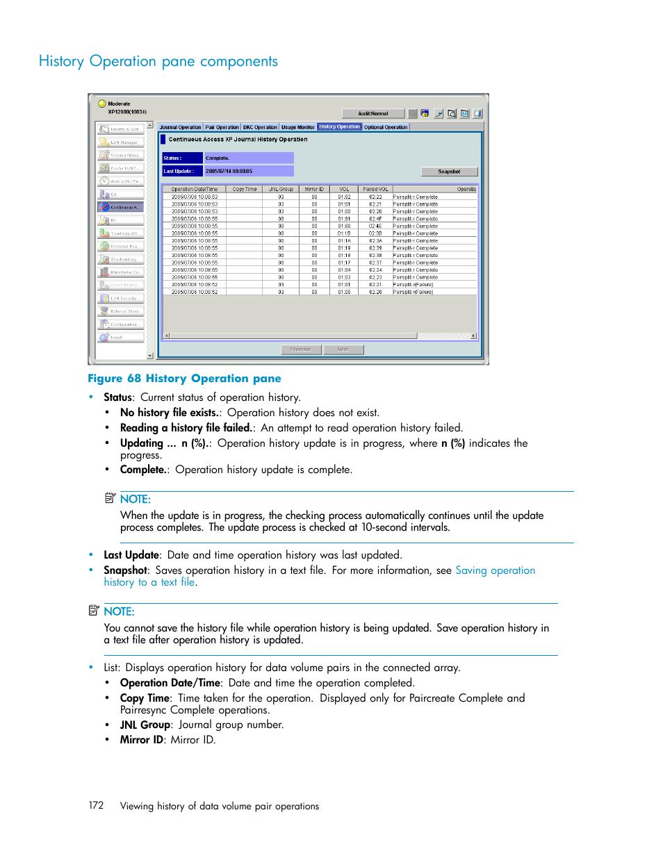 History operation pane components, History operation pane | HP XP Continuous Access Software User Manual | Page 172 / 234