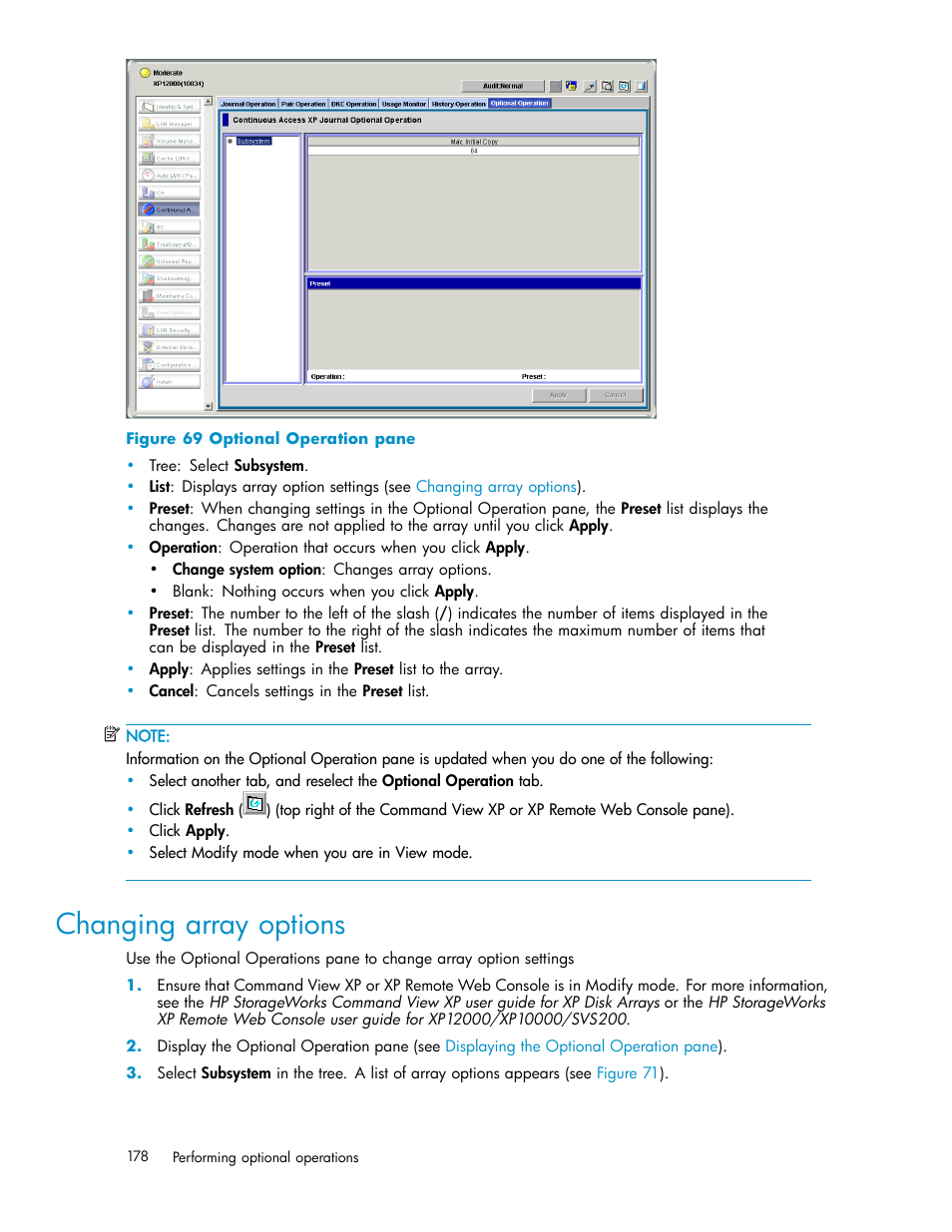 Changing array options, Optional operation pane | HP XP Continuous Access Software User Manual | Page 178 / 234