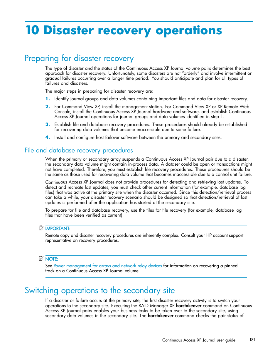 10 disaster recovery operations, Preparing for disaster recovery, File and database recovery procedures | Switching operations to the secondary site | HP XP Continuous Access Software User Manual | Page 181 / 234