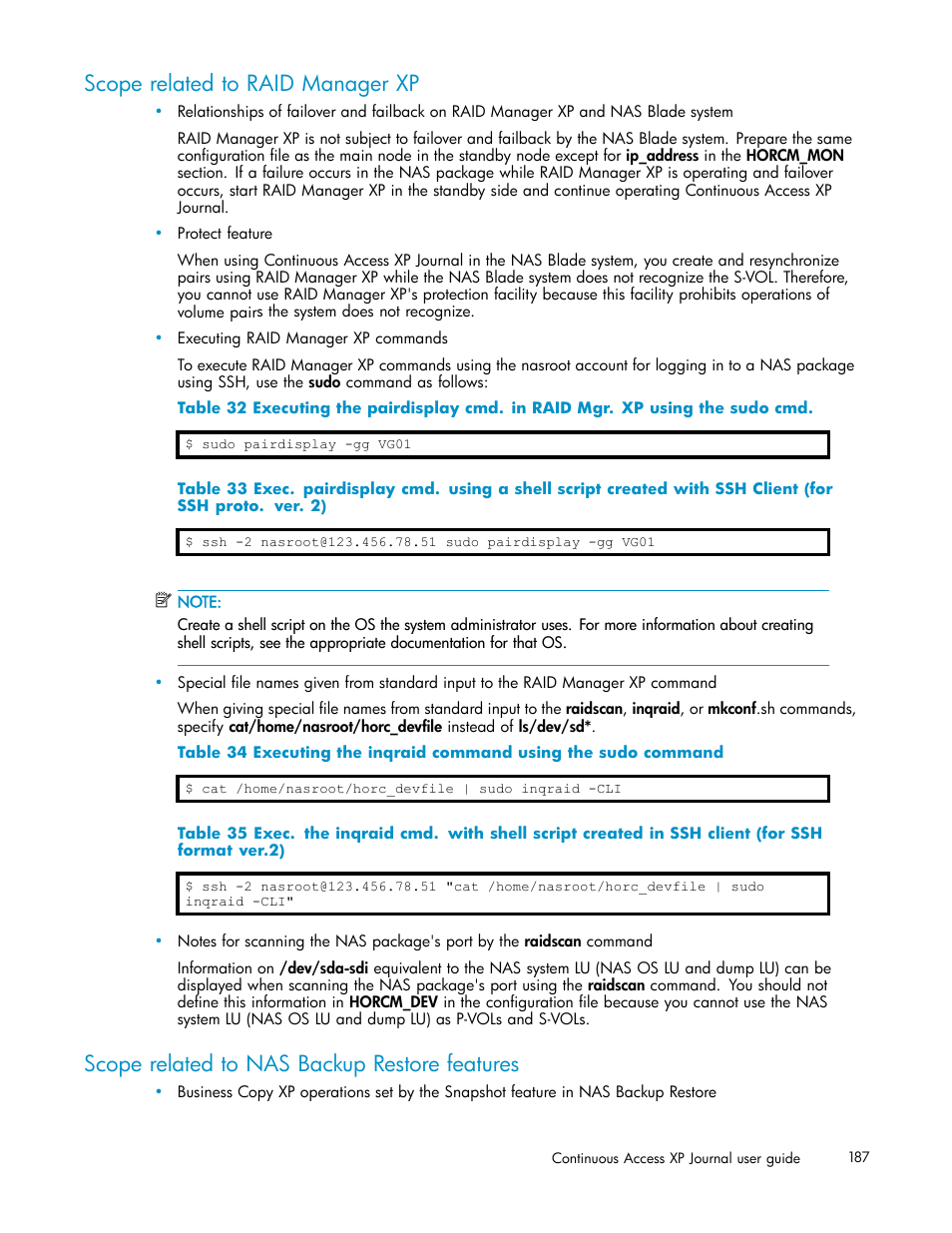 Scope related to raid manager xp, Scope related to nas backup restore features | HP XP Continuous Access Software User Manual | Page 187 / 234